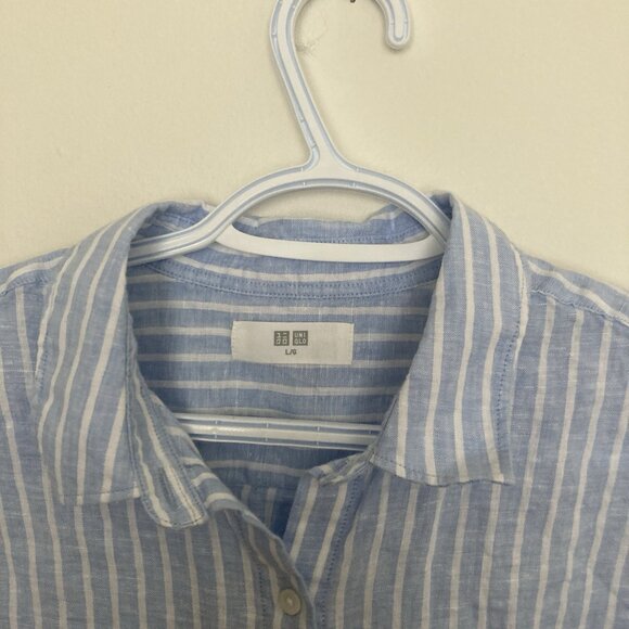 Uniqlo Women’s Linen Shirt Button Up Blue Striped Size L - Picture 2 of 5